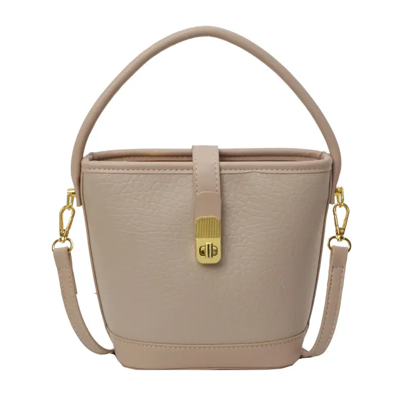 Pink Leather Bucket Bag for Women with Gold Clasp - Image 4