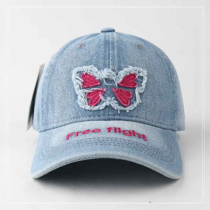 Women's Blue Butterfly Embroidered Baseball Cap Wash Denim - Image 10