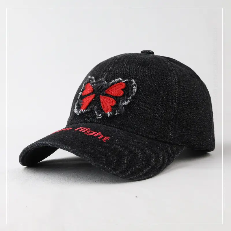 Women's Blue Butterfly Embroidered Baseball Cap Wash Denim — feature 1