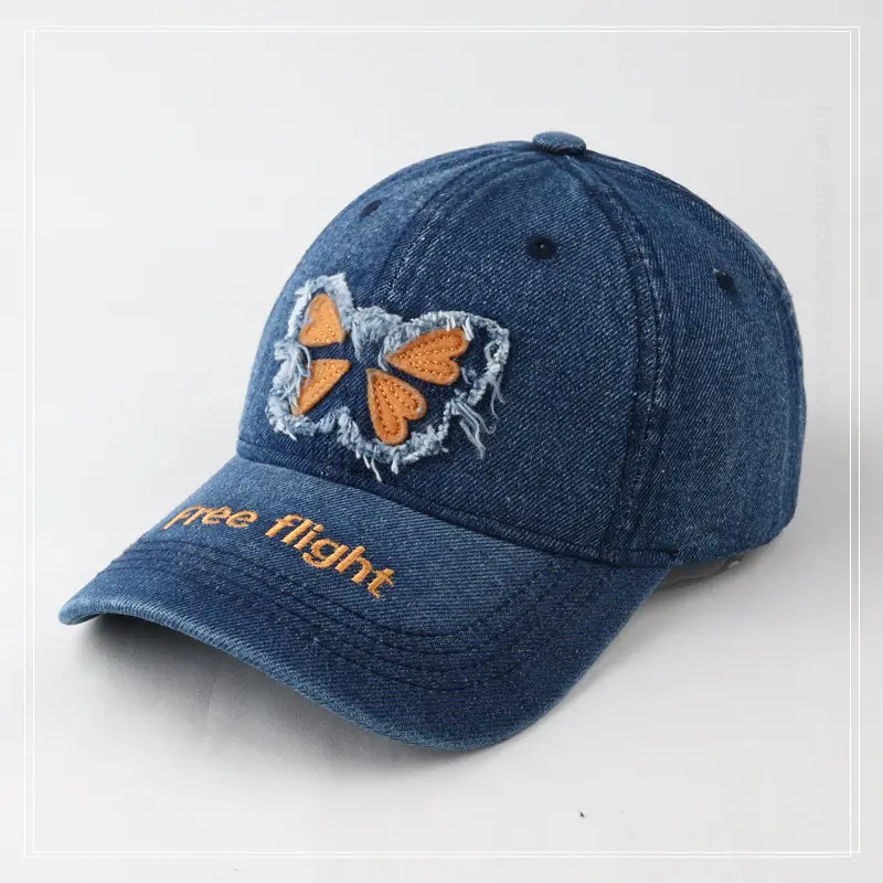 Women's Blue Butterfly Embroidered Baseball Cap Wash Denim — feature 10