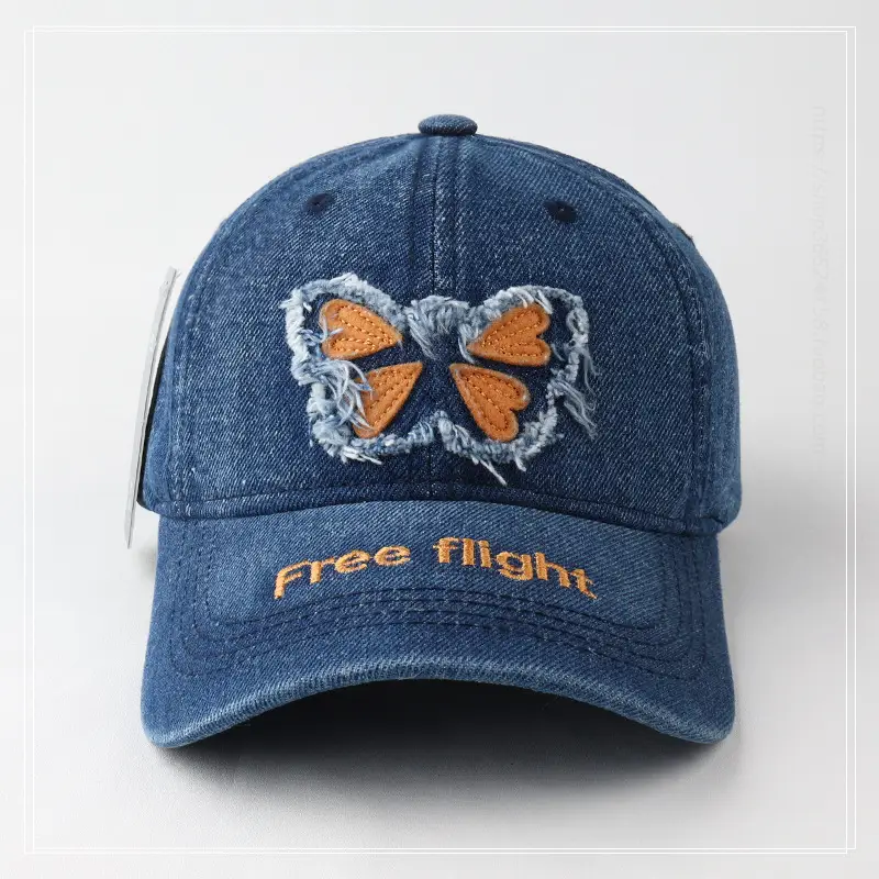 Women's Blue Butterfly Embroidered Baseball Cap Wash Denim — feature 12