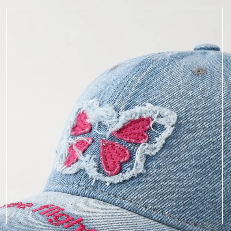 Women's Blue Butterfly Embroidered Baseball Cap Wash Denim — feature 8