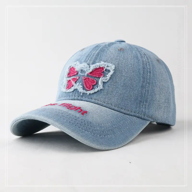 Women's Blue Butterfly Embroidered Baseball Cap Wash Denim - Image 5