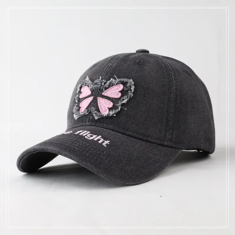Women's Blue Butterfly Embroidered Baseball Cap Wash Denim - Image 6