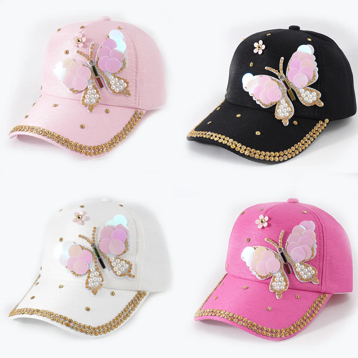 Pink Butterfly Baseball Cap with Sequins & Rhinestones - Image 5