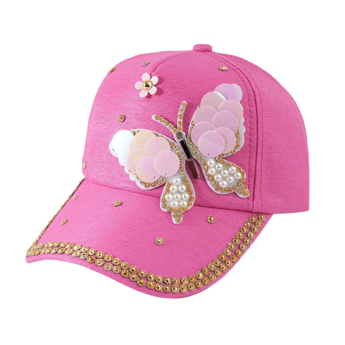 Pink Butterfly Baseball Cap with Sequins & Rhinestones - Image 6