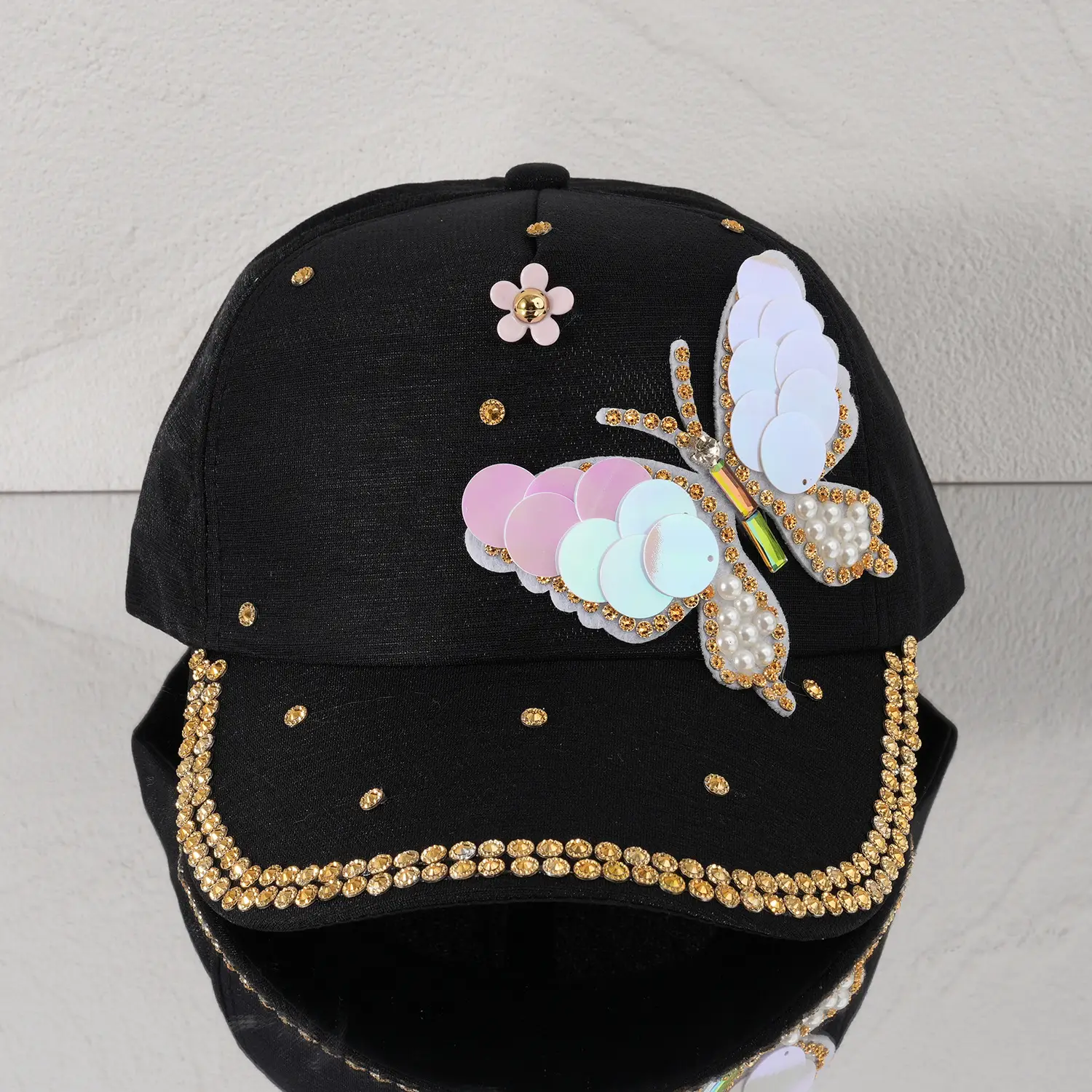 Pink Butterfly Baseball Cap with Sequins & Rhinestones — feature 9