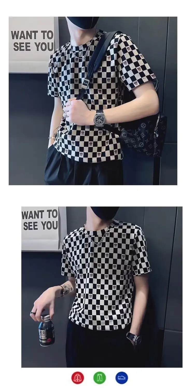 Men's Black White Checkered Short Sleeve T-Shirt — feature 3