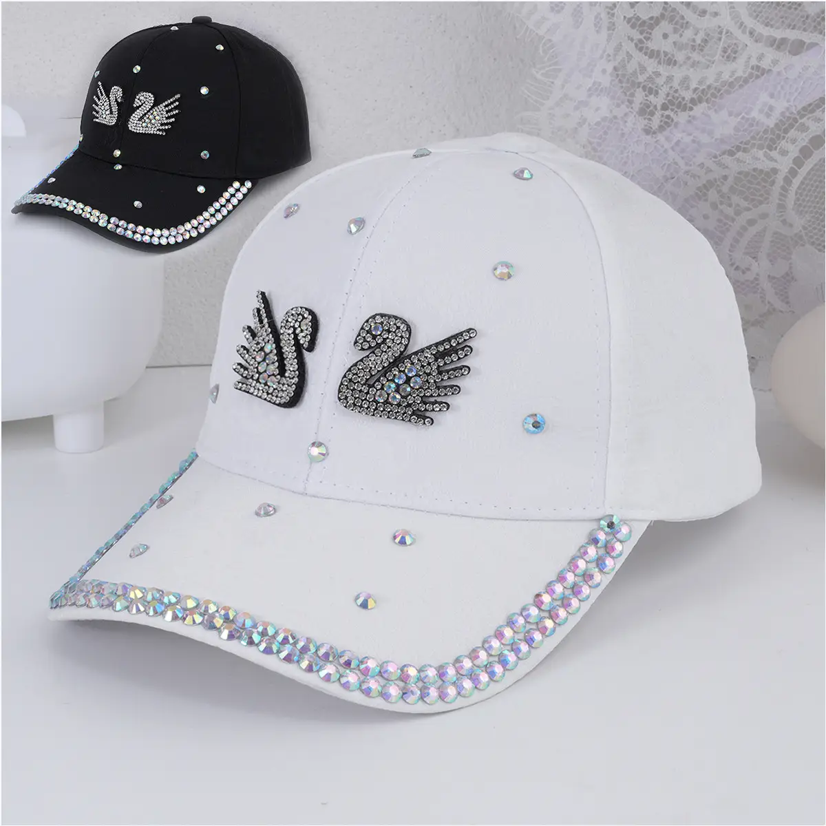 Korean Style Double Swan Rhinestone Cap for Women