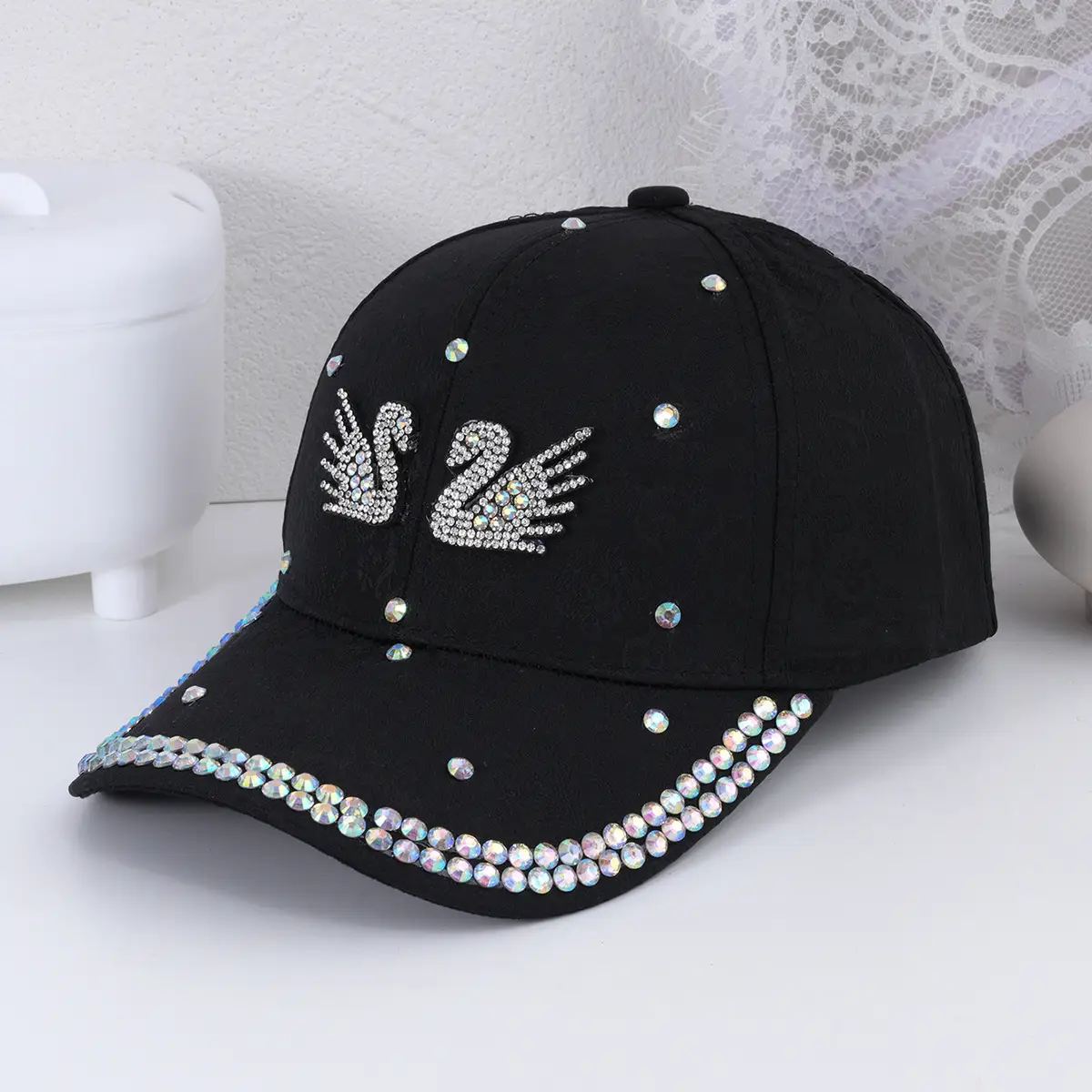 Korean Style Double Swan Rhinestone Cap for Women — feature 6