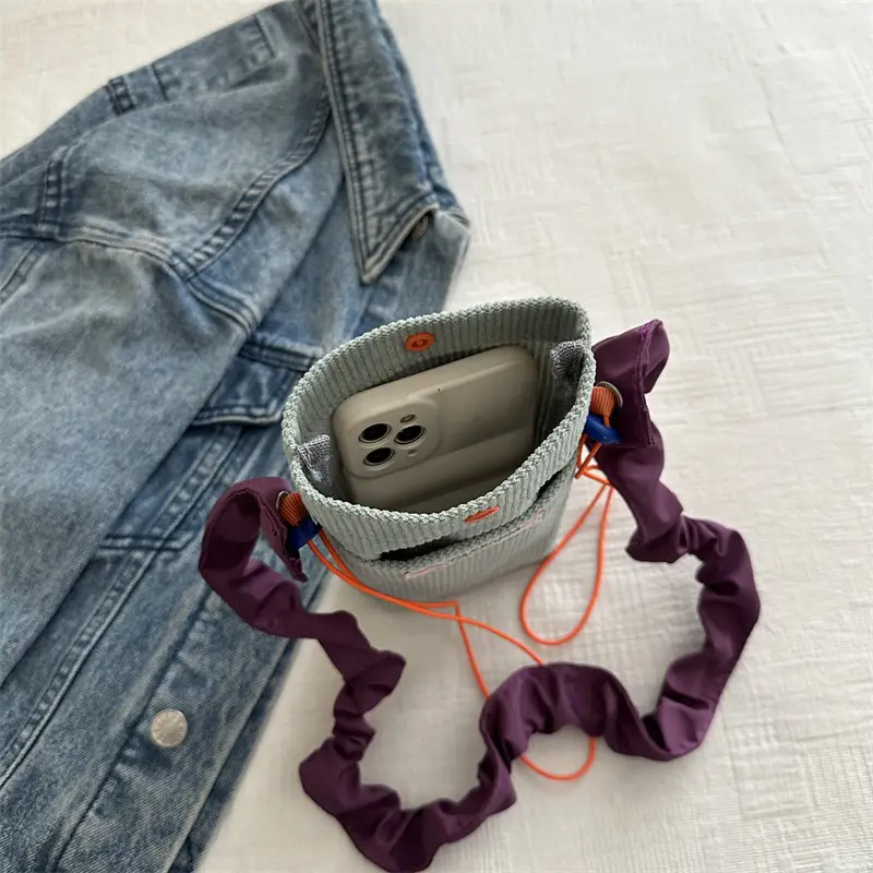 Women's Retro Corduroy Phone Bag with Purple Strap - Image 10