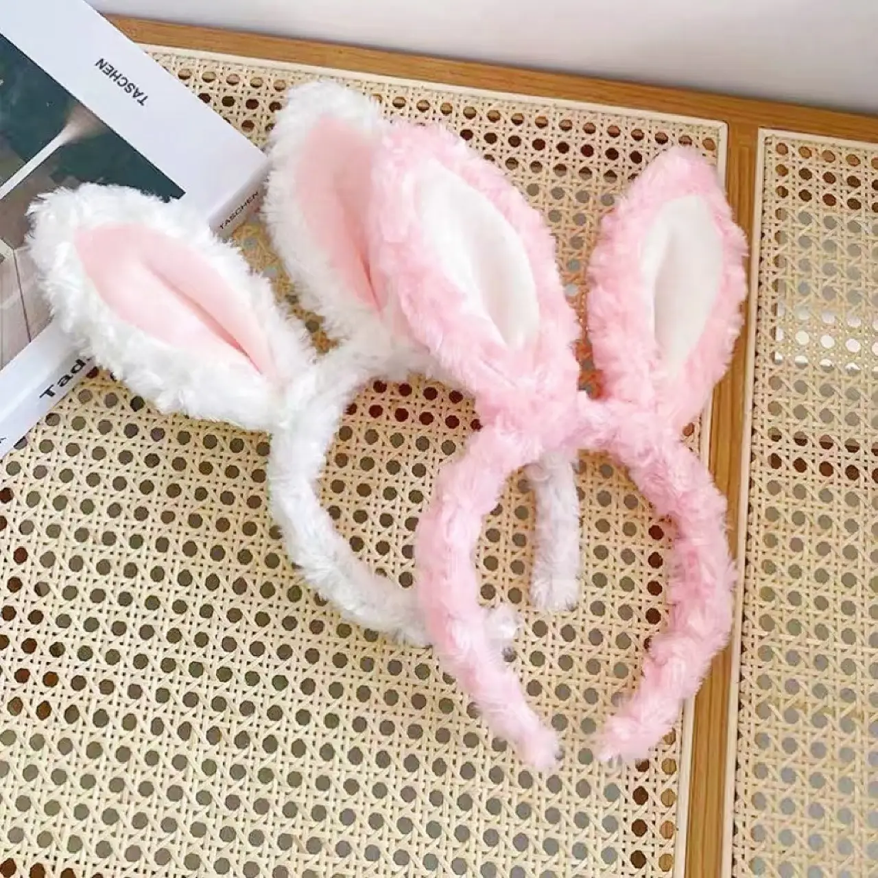 Plush Rabbit Ear Headband for Women Pink White