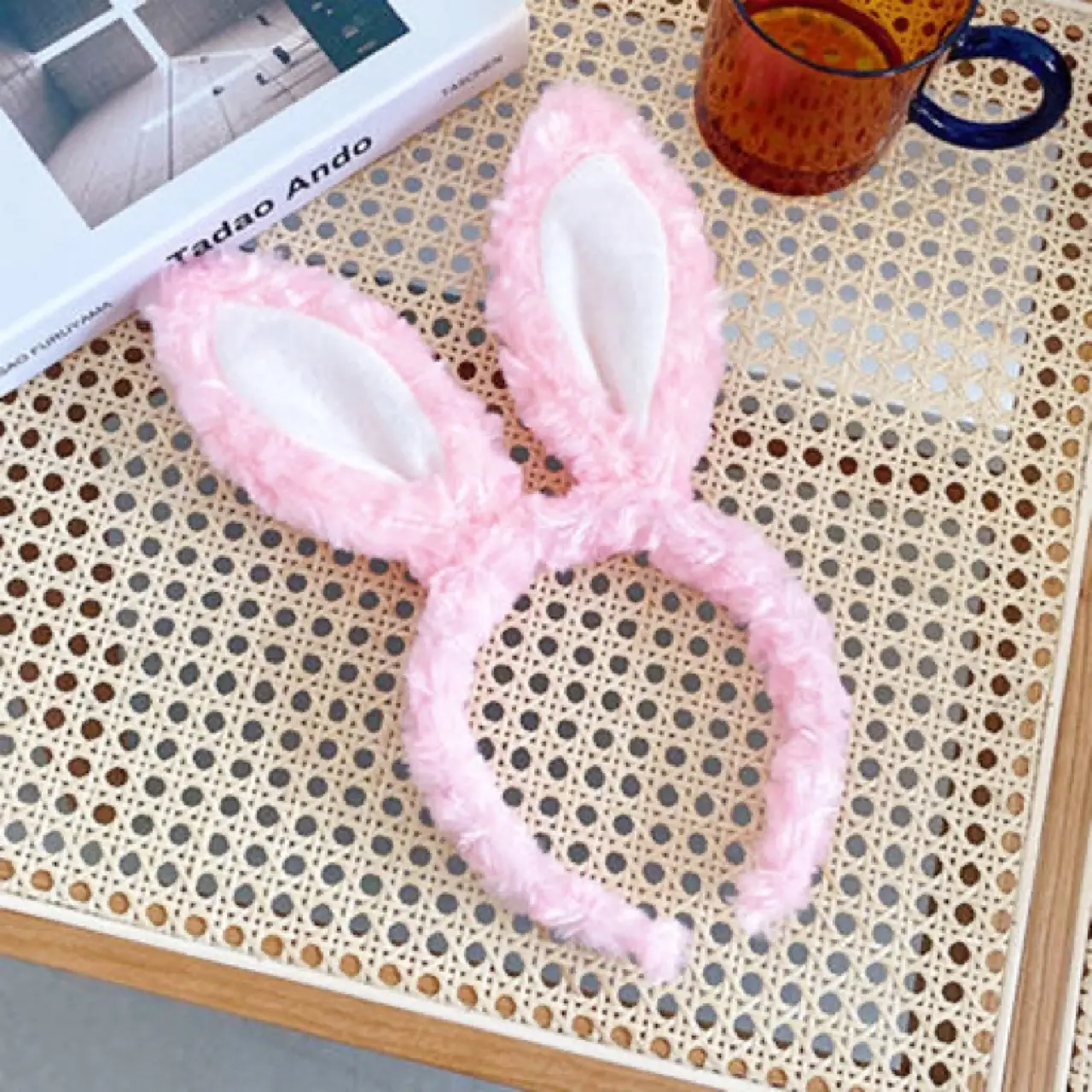 Plush Rabbit Ear Headband for Women Pink White