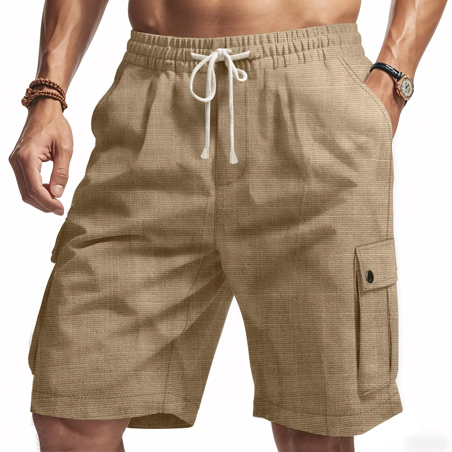 Men Bamboo Linen Casual Shorts Blue Drawstring Pocket - Image 7