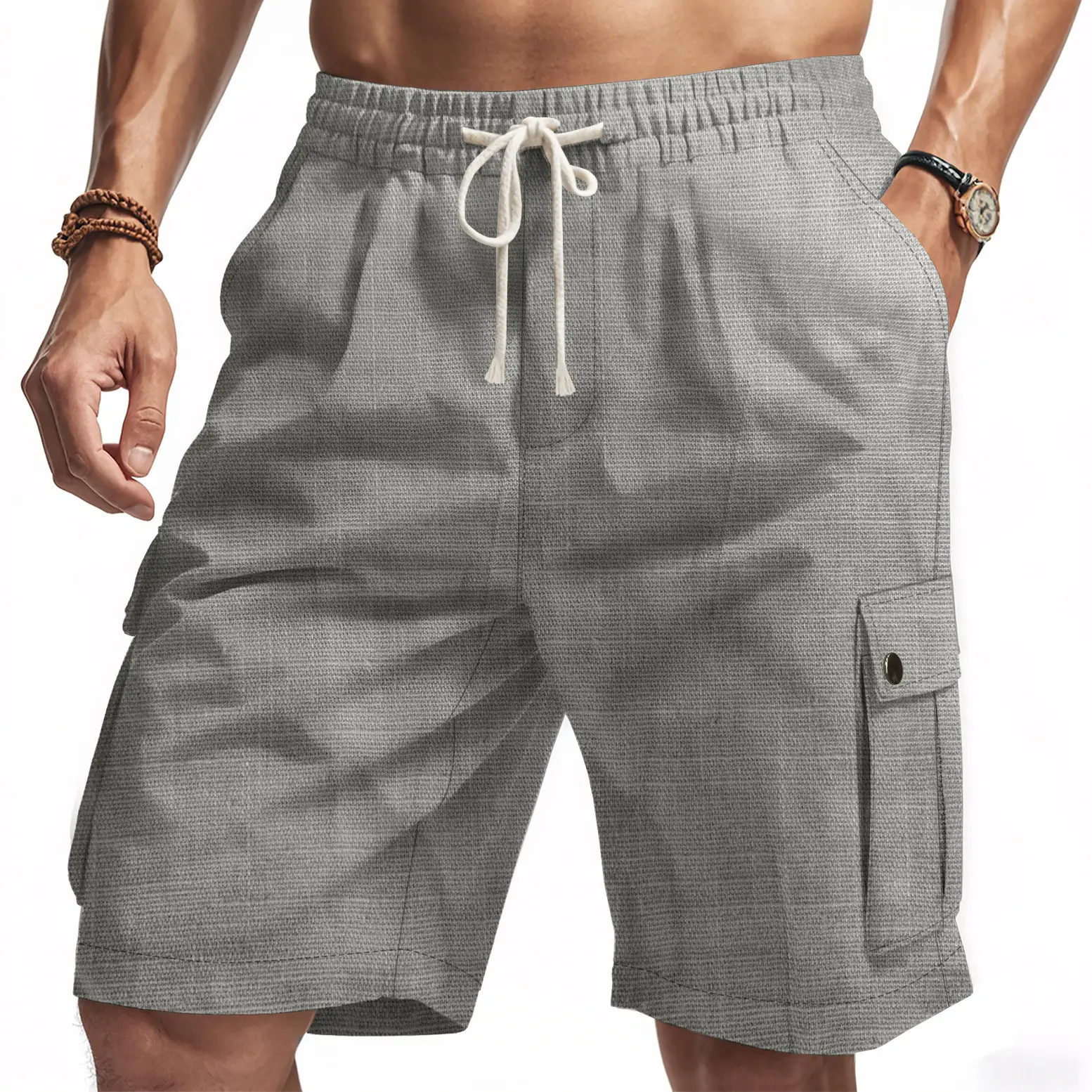Men Bamboo Linen Casual Shorts Blue Drawstring Pocket - Image 8