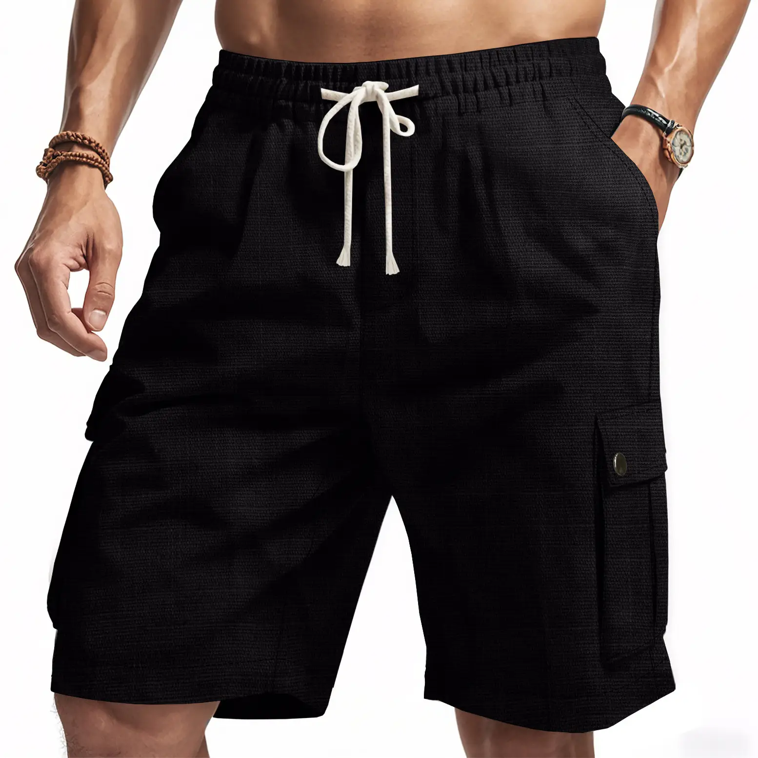 Men Bamboo Linen Casual Shorts Blue Drawstring Pocket - Image 9