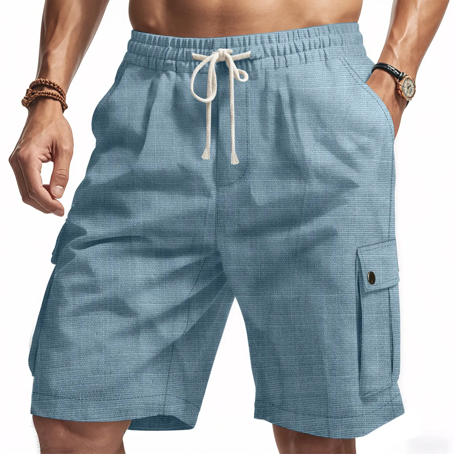 Men Bamboo Linen Casual Shorts Blue Drawstring Pocket - Image 10