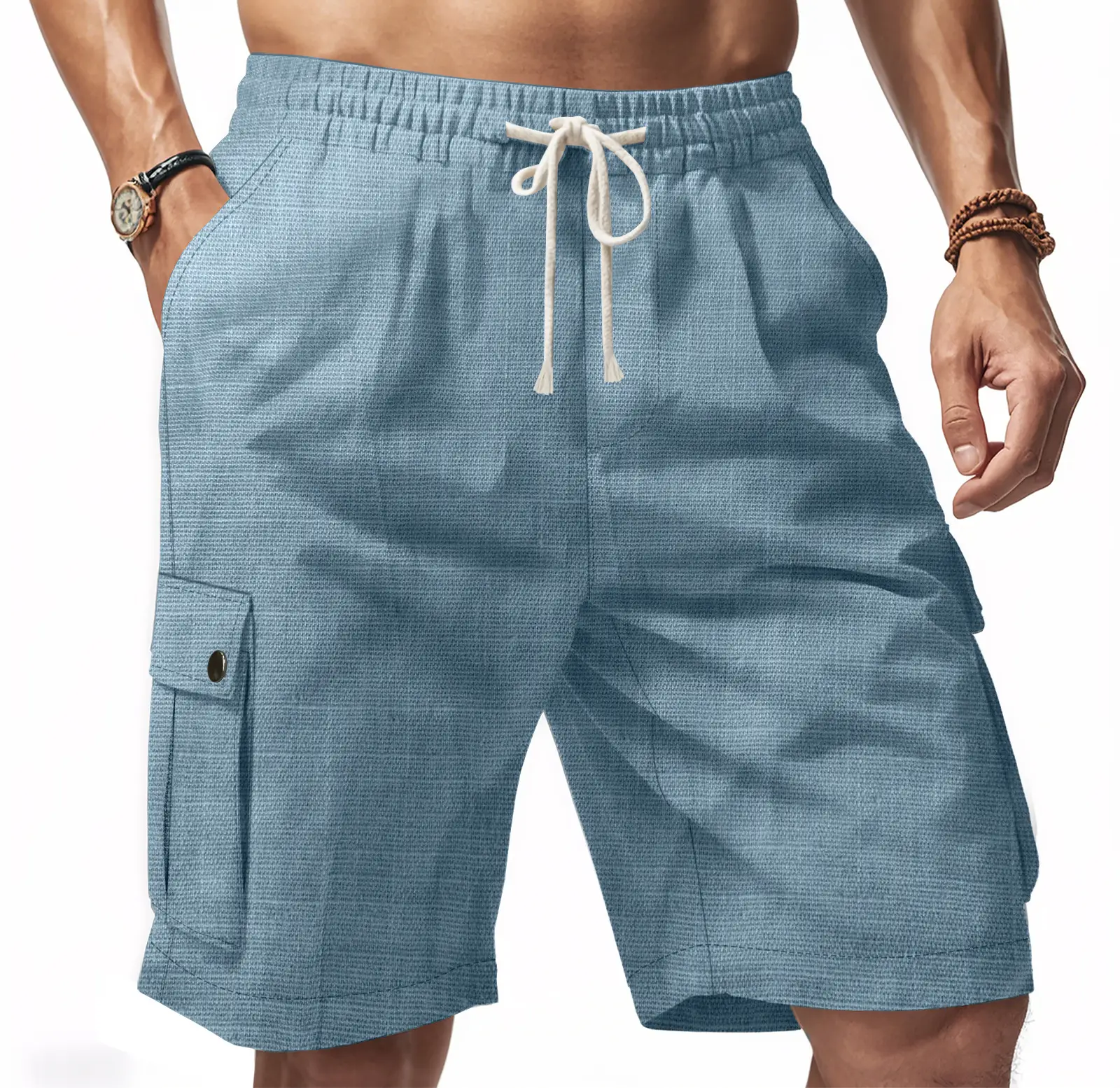 Men Bamboo Linen Casual Shorts Blue Drawstring Pocket — feature 13