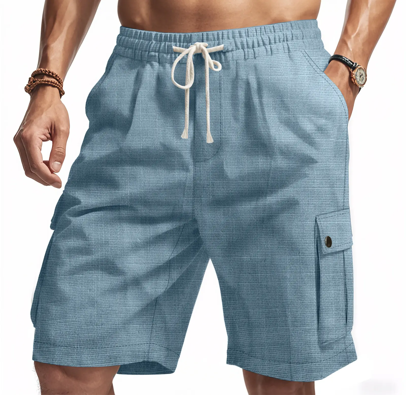 Men Bamboo Linen Casual Shorts Blue Drawstring Pocket — feature 14