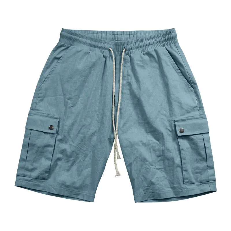 Men Bamboo Linen Casual Shorts Blue Drawstring Pocket — feature 17