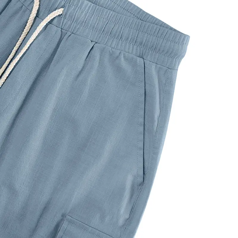 Men Bamboo Linen Casual Shorts Blue Drawstring Pocket — feature 22