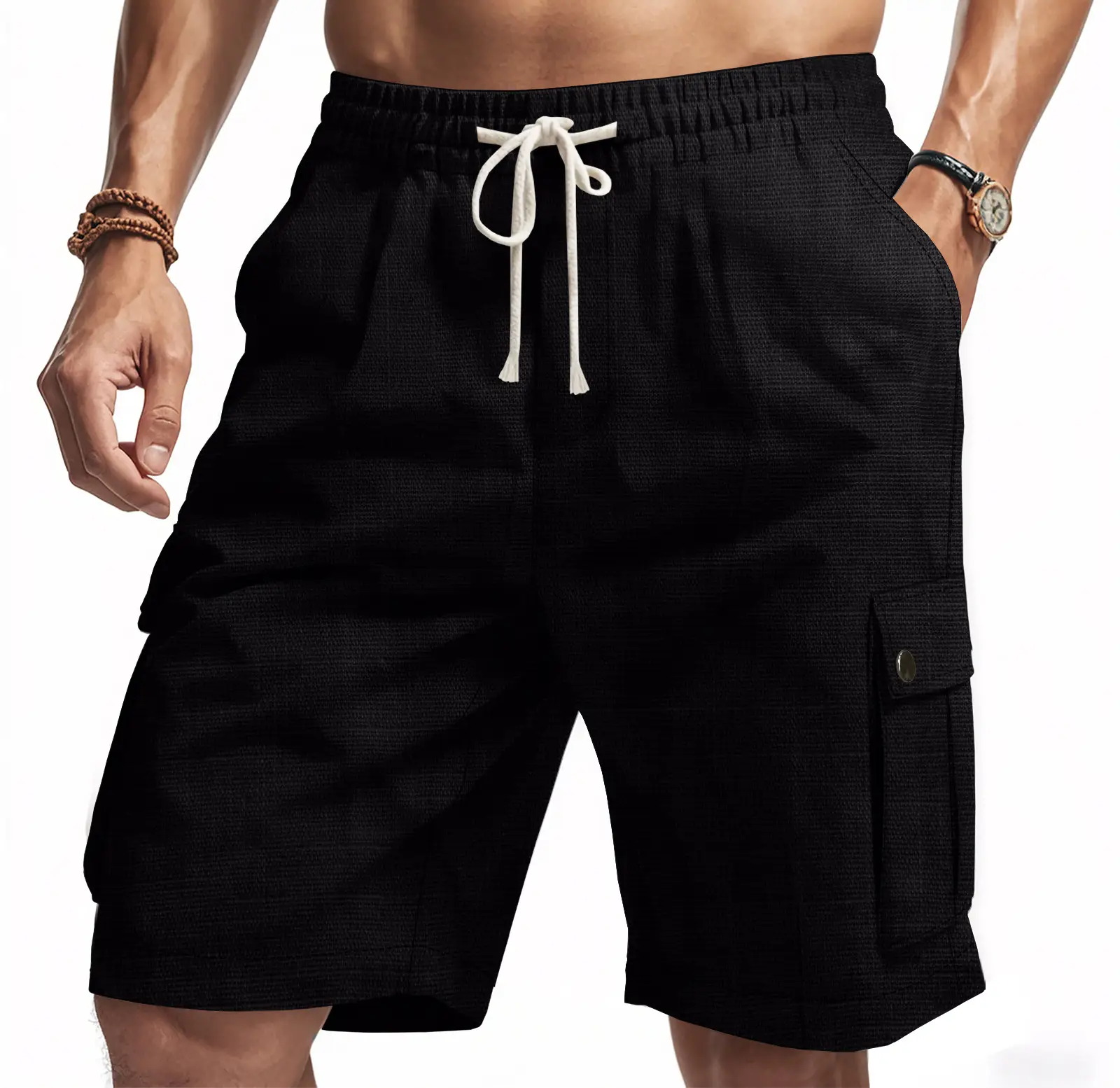 Men Bamboo Linen Casual Shorts Blue Drawstring Pocket — feature 25