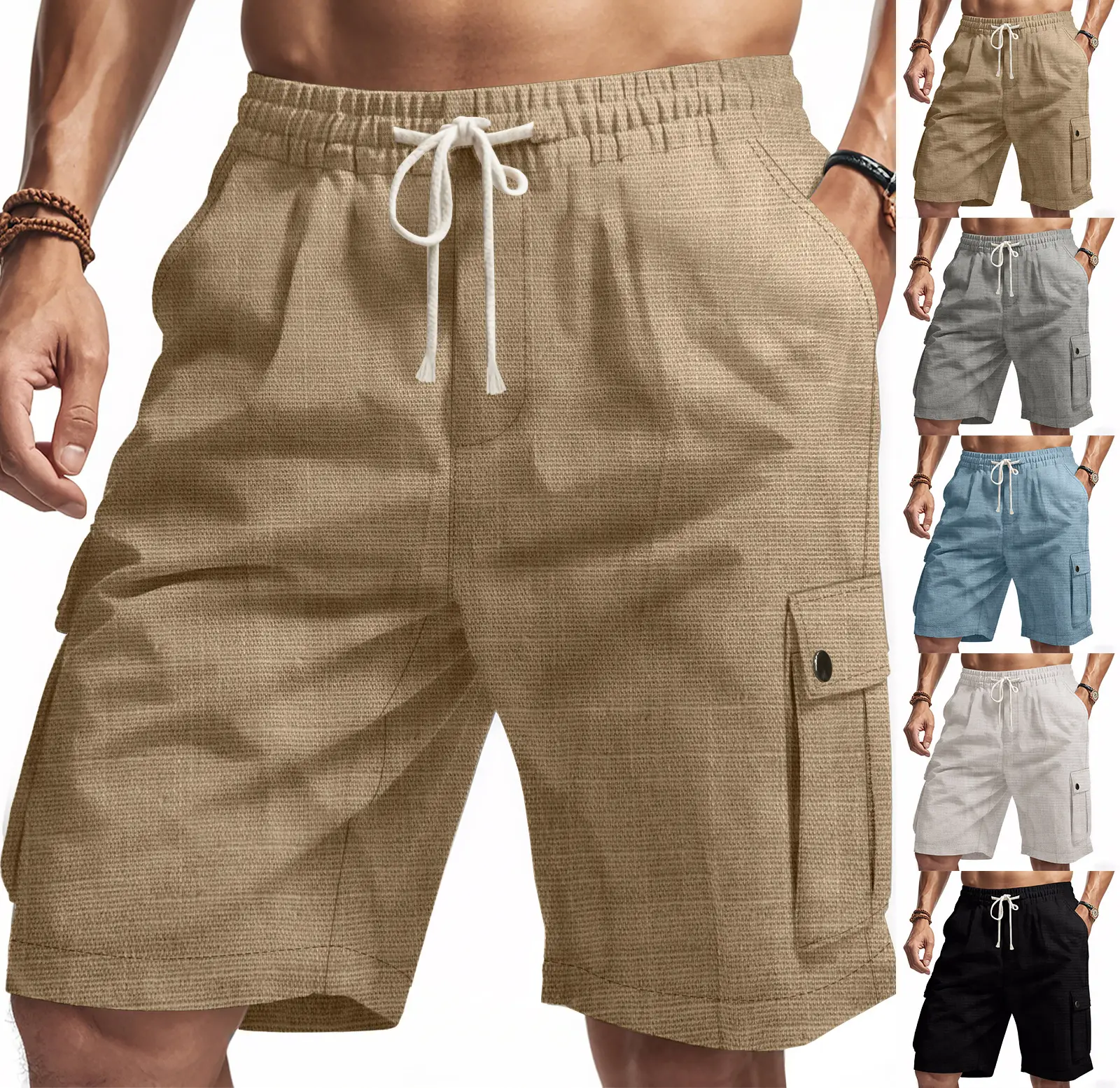 Men Bamboo Linen Casual Shorts Blue Drawstring Pocket — feature 3
