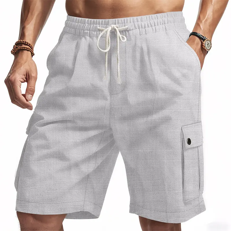 Men Bamboo Linen Casual Shorts Blue Drawstring Pocket — feature 34