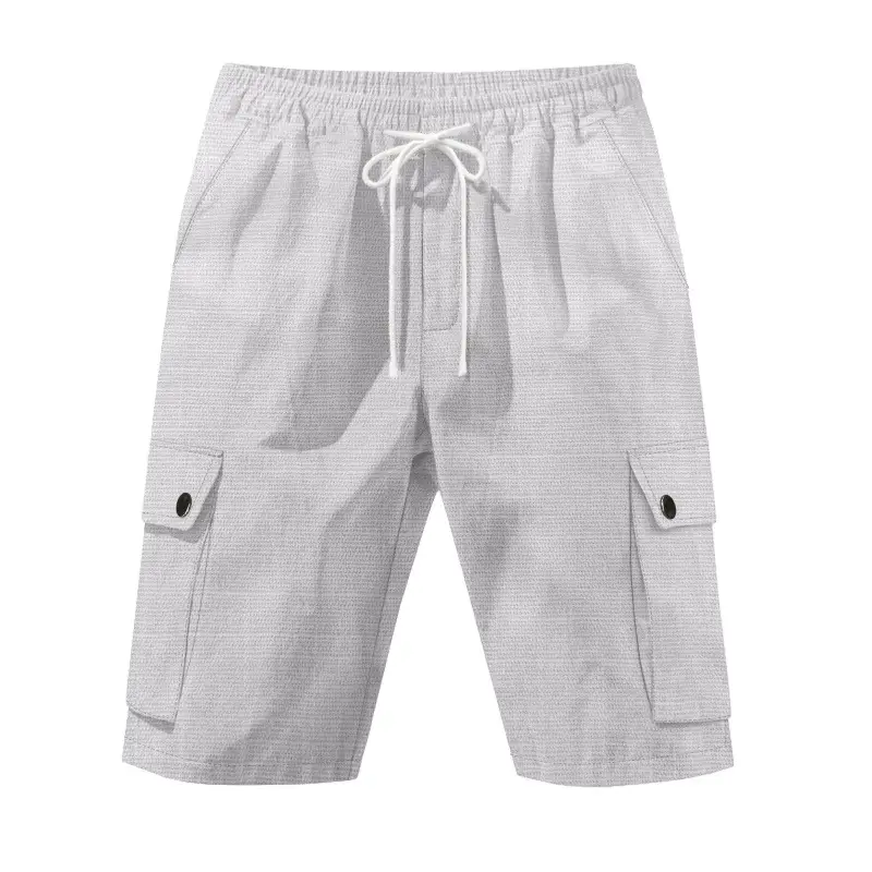 Men Bamboo Linen Casual Shorts Blue Drawstring Pocket — feature 36