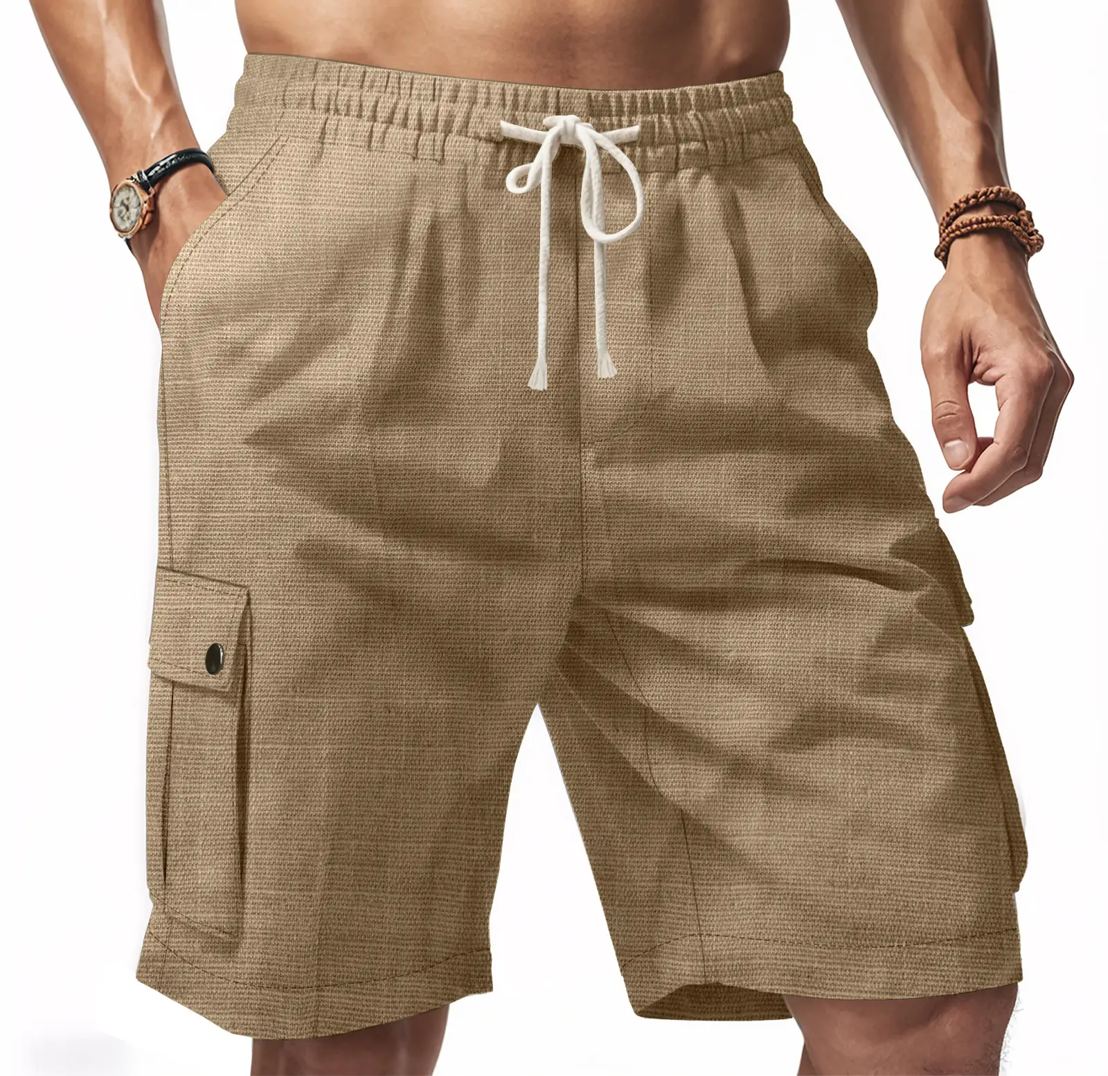 Men Bamboo Linen Casual Shorts Blue Drawstring Pocket — feature 4