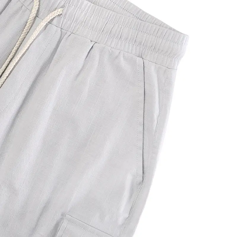 Men Bamboo Linen Casual Shorts Blue Drawstring Pocket — feature 40