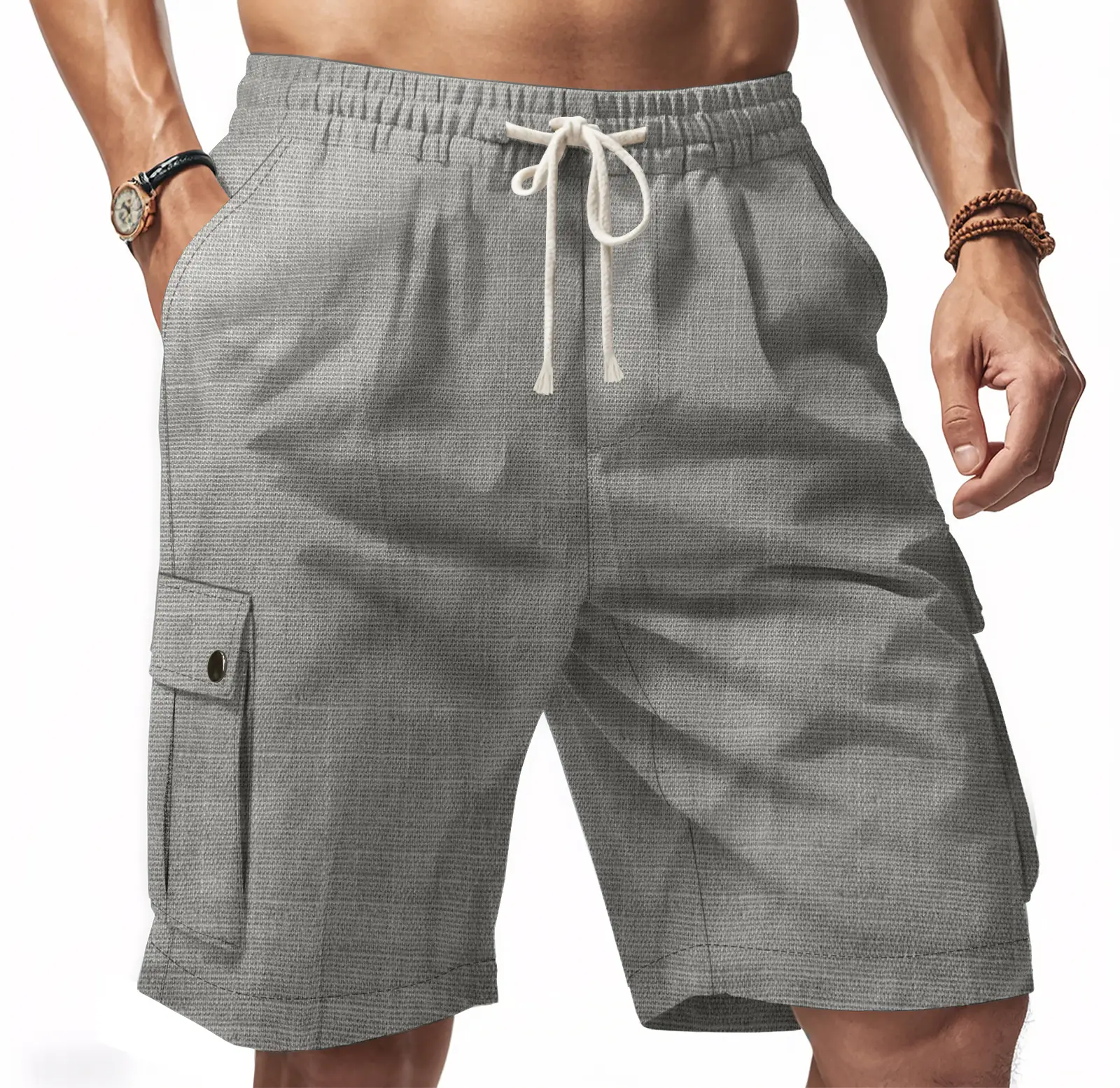 Men Bamboo Linen Casual Shorts Blue Drawstring Pocket — feature 43