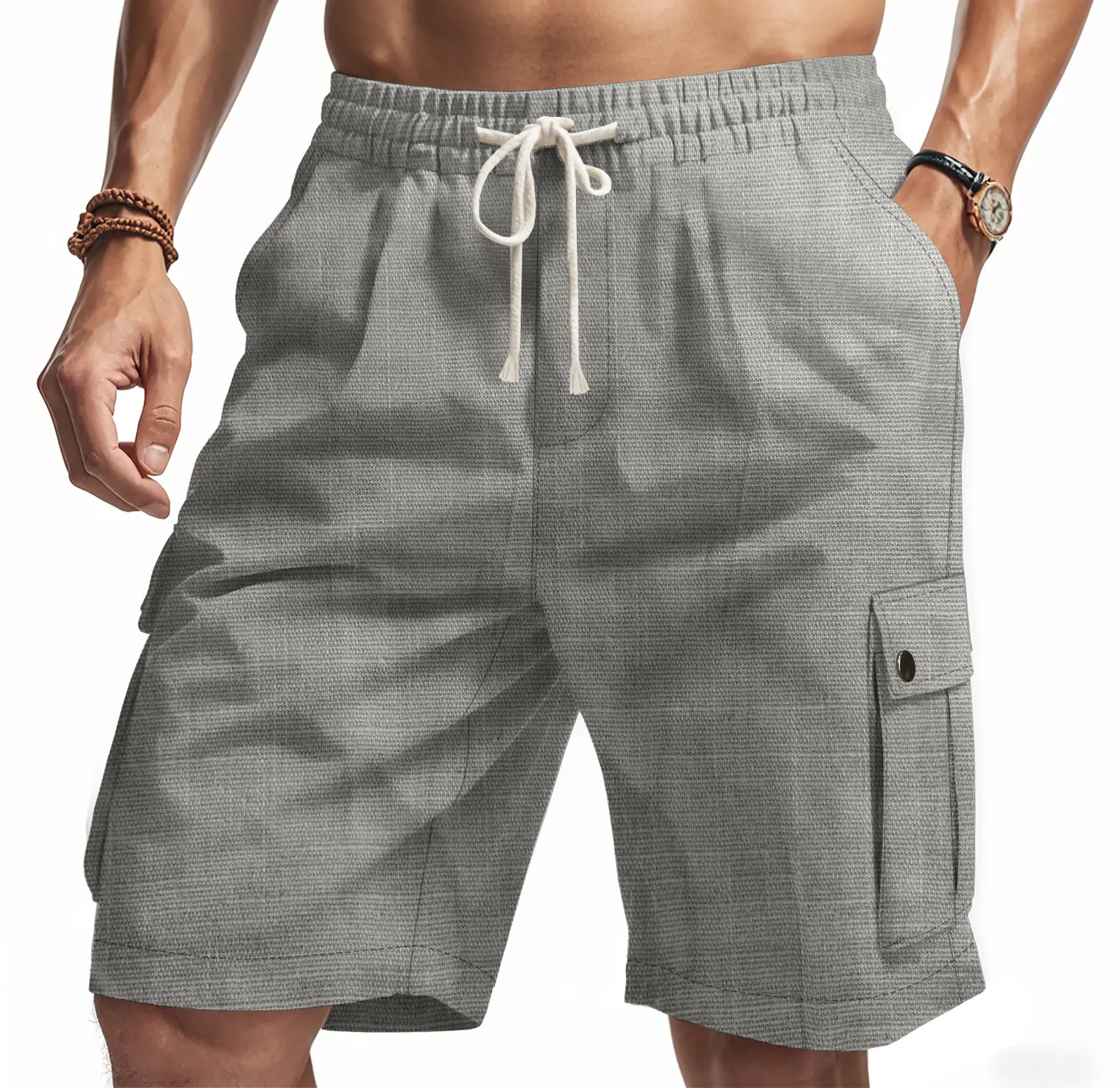 Men Bamboo Linen Casual Shorts Blue Drawstring Pocket — feature 44