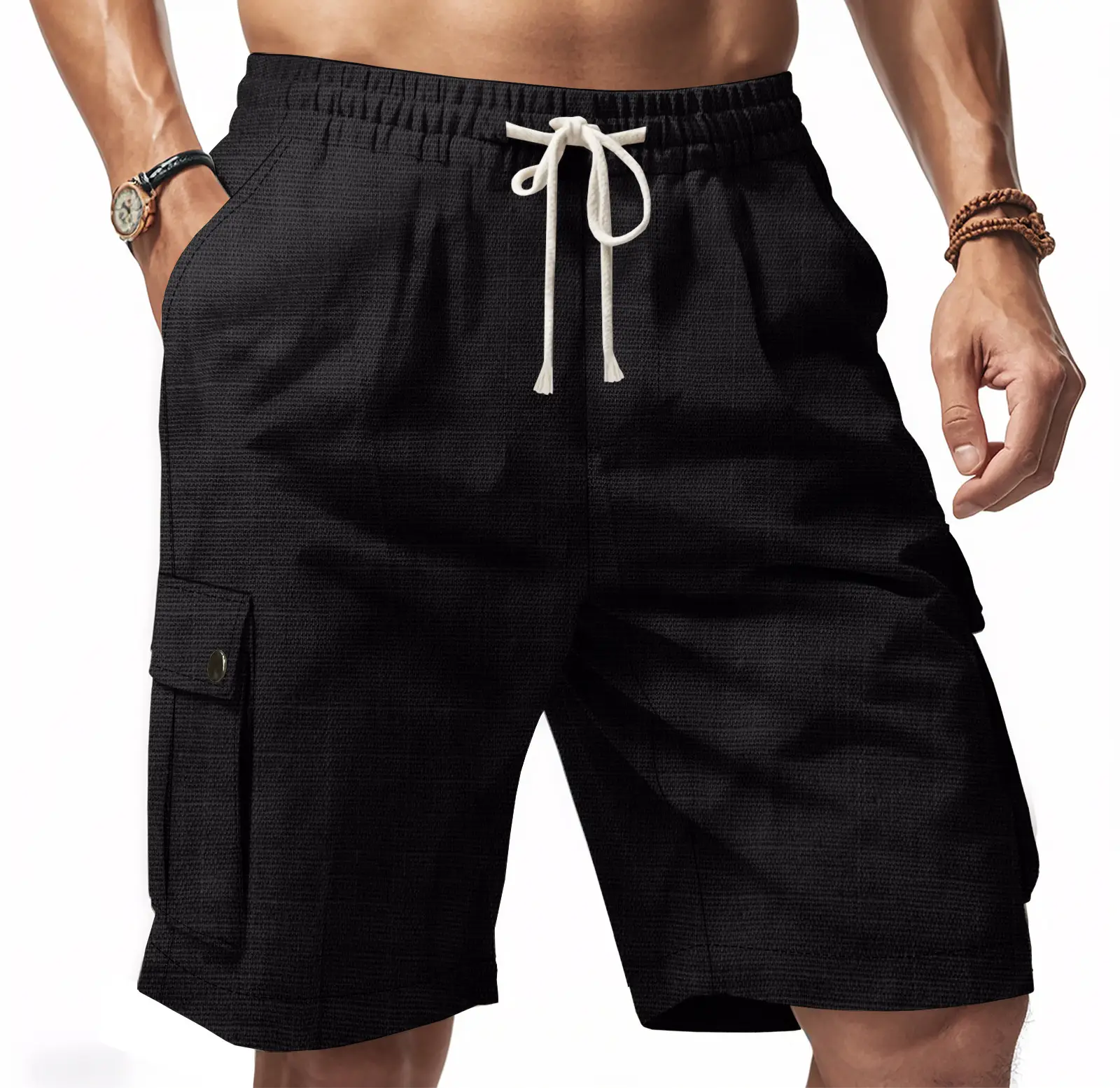 Men Bamboo Linen Casual Shorts Blue Drawstring Pocket - Image 2
