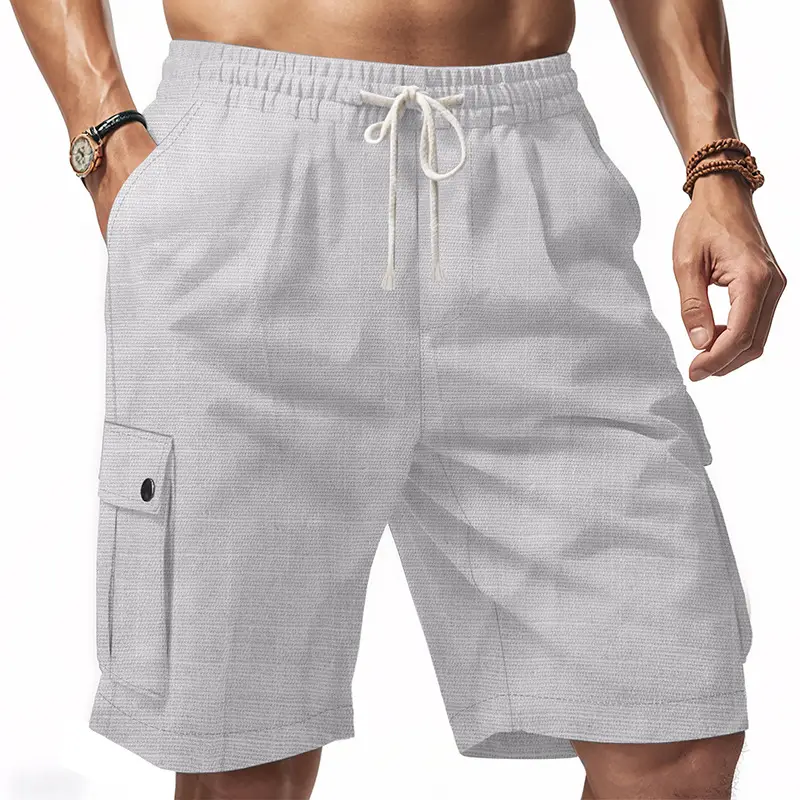 Men Bamboo Linen Casual Shorts Blue Drawstring Pocket - Image 3