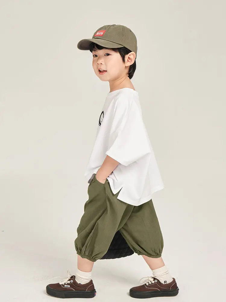 Kids Korean Style Cotton T-Shirt White Olive Green Set - Image 3