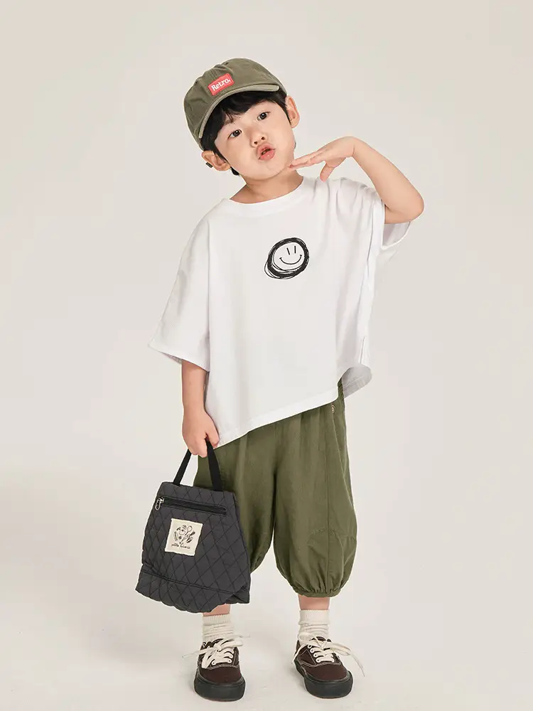 Kids Korean Style Cotton T-Shirt White Olive Green Set - Image 4