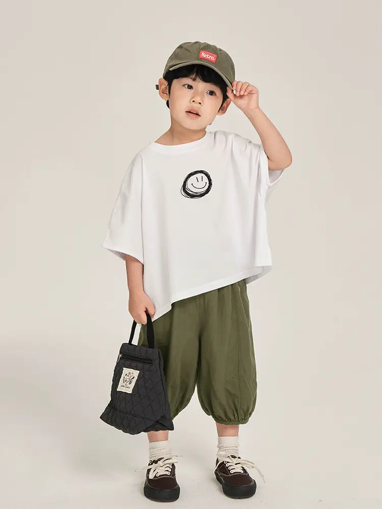 Kids Korean Style Cotton T-Shirt White Olive Green Set - Image 5