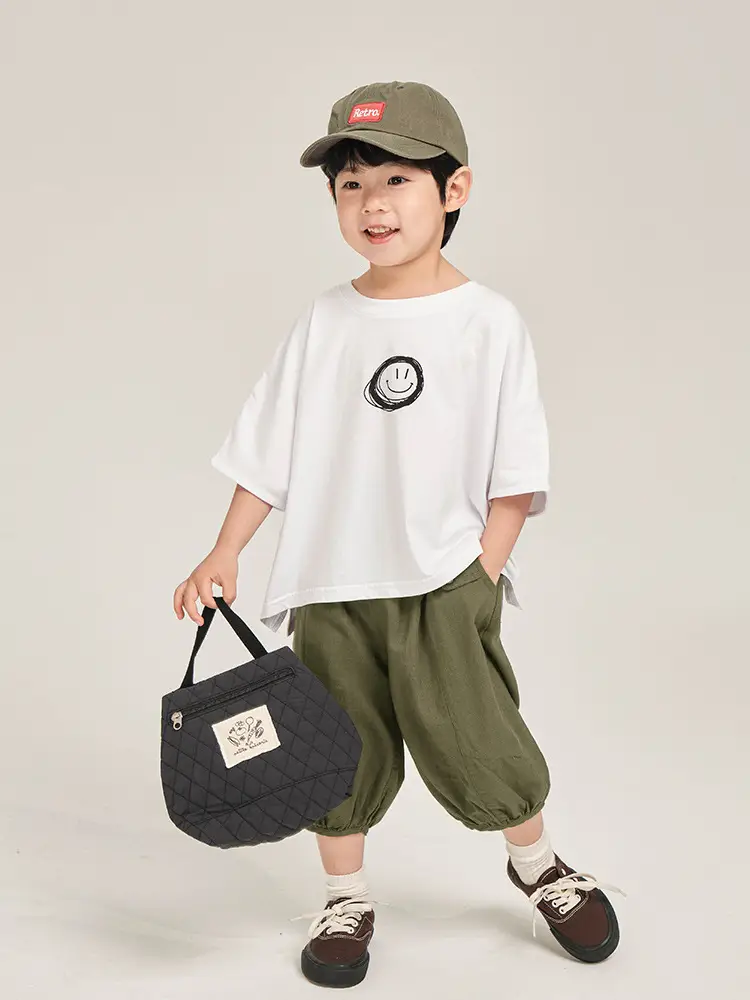 Kids Korean Style Cotton T-Shirt White Olive Green Set - Image 6