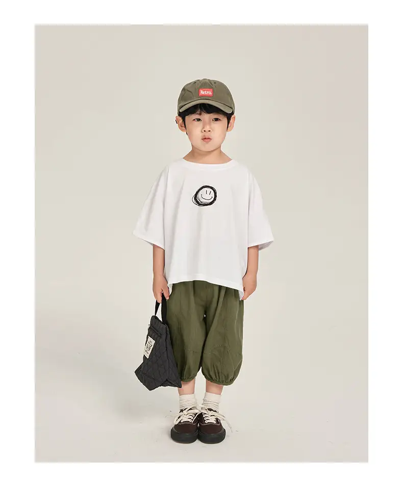 Kids Korean Style Cotton T-Shirt White Olive Green Set — feature 11
