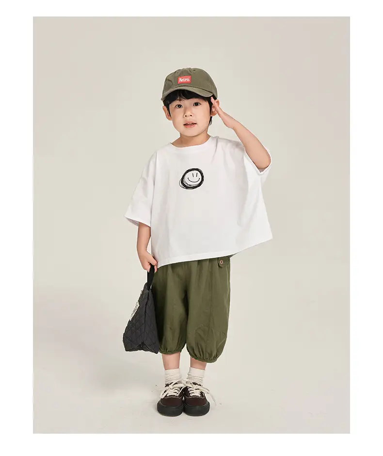 Kids Korean Style Cotton T-Shirt White Olive Green Set — feature 12