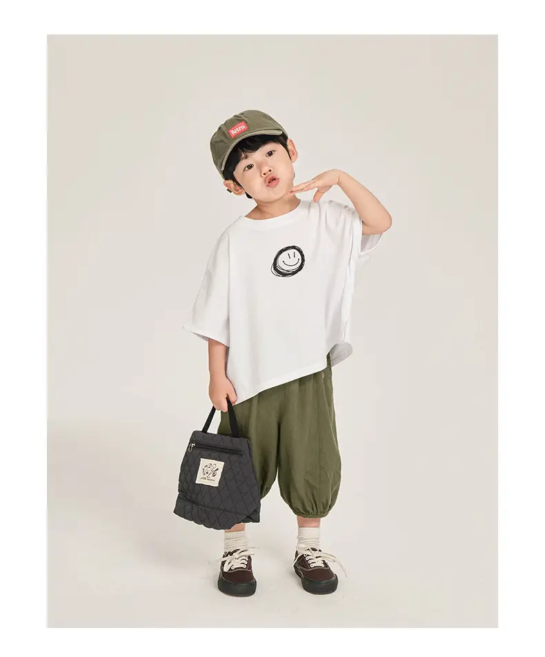 Kids Korean Style Cotton T-Shirt White Olive Green Set — feature 17