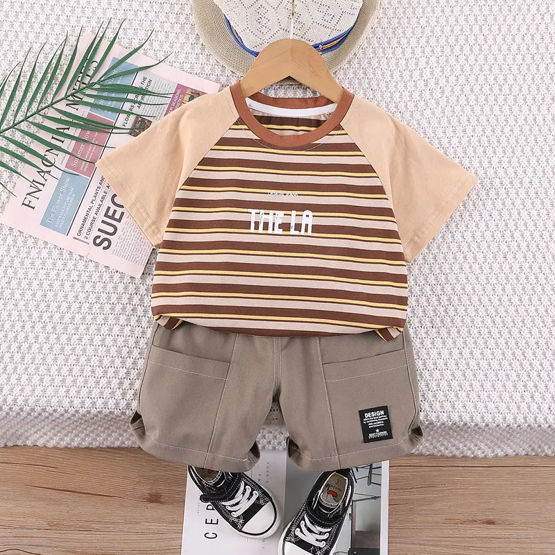 Boys Striped T-Shirt Shorts Set Summer Casual White Beige - Image 3