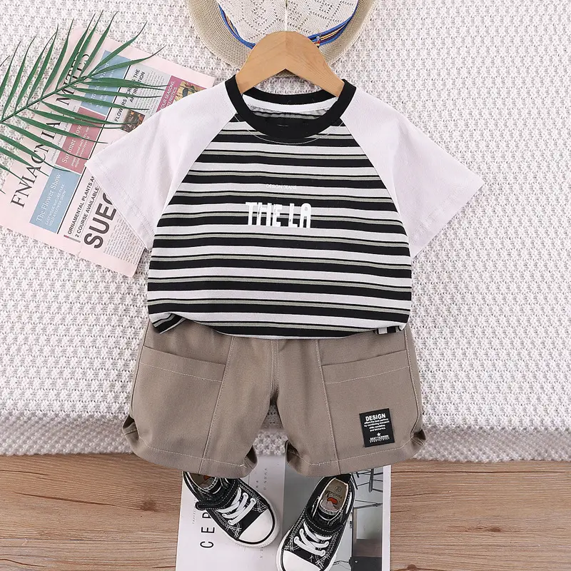 Boys Striped T-Shirt Shorts Set Summer Casual White Beige