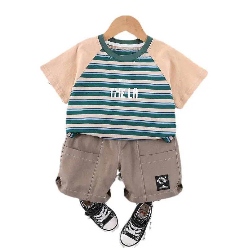 Boys Striped T-Shirt Shorts Set Summer Casual White Beige - Image 6