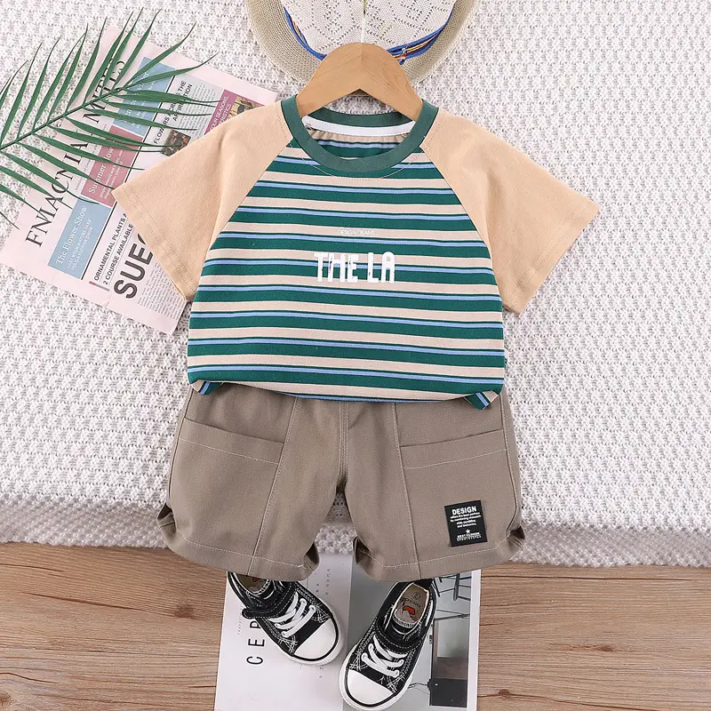 Boys Striped T-Shirt Shorts Set Summer Casual White Beige - Image 2