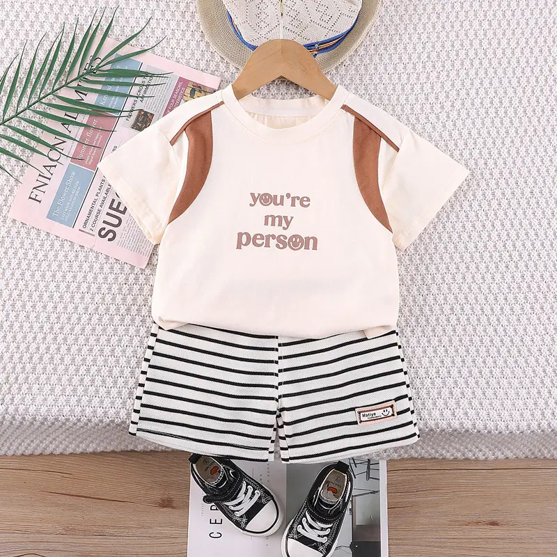Boy's Western Summer T-Shirt Shorts Set Brown Striped