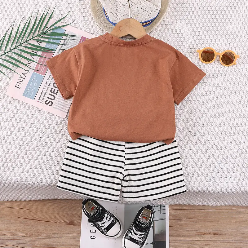 Boy's Western Summer T-Shirt Shorts Set Brown Striped
