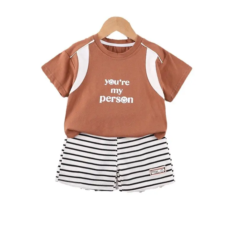 Boy's Western Summer T-Shirt Shorts Set Brown Striped