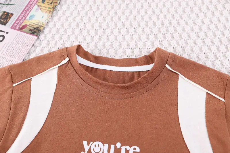 Boy's Western Summer T-Shirt Shorts Set Brown Striped — feature 5